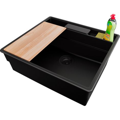 PRIMAGRAN Evier Cuisine en Granit 58x53cm,Lavabo 1 bac + Kit de Vidage + Accessoires, Évier à Encastrer au meuble 60cm - New York, Tout Noir (1/5)
