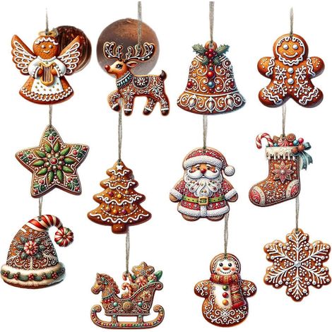 Décoration de sapin de Noël en bois, motifs de pain d'épice, 12 pièces ( ) (1/3)