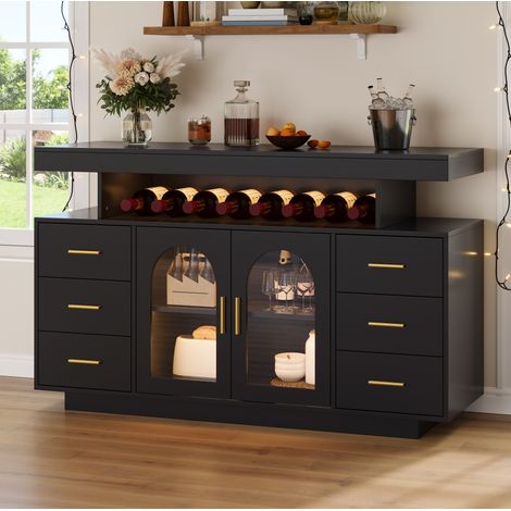 Aparador bar para vinos 140x40x76 cm MDF negro, LED RGB y almacenamiento - MEUBLIV (1/5)