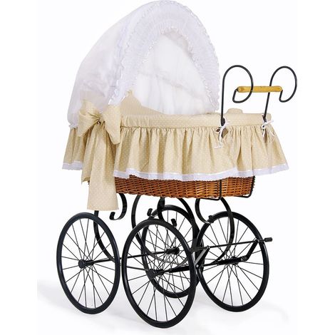 Moisés de mimbre retro con capota plegable Christine - Ropa de cama de encaje natural y beige (1/4)