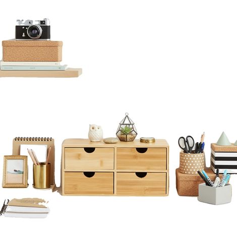Organizzatore da scrivania in bambù, con 4 cassetti, dimensioni 33 x 19 x 16 cm, montaggio su scrivania, stile minimalista. (1/5)