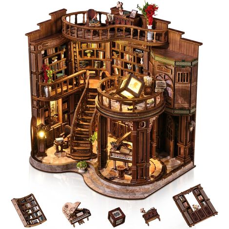 DIY Kit Book Nook pour Adultes, Bibliothèque Piano Avec LED & Bois Laser, Miniature Miniature, Kit Immersif, Cadeau Original pour Noël, Anniversaire & Fêtes (1/5)