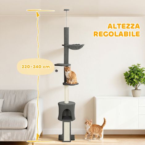 Arbre à chat pour plafond de 220 à 240 cm de haut. avec hamac. maisonnette. plateformes fleuries et poteaux en sisal. gris (1/5)