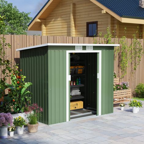 Caseta de jardín Outsunny, 2,42 m², con ventana de ventilación, puerta corredera, base, 213 x 130 x 159/172 cm, fabricada en acero galvanizado, resistente a la intemperie, para jardín, verde (1/5)