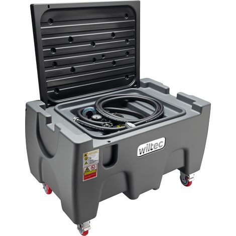 Wiltec – Caddy ravitailleur mobile 150 l – Pompe 12 V 75 W – Débit 14 l/min – Compatible diesel et essence – Station-service sur roues
