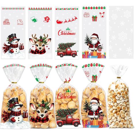 Set of 100 Clear Christmas Cookie Bags - 5 Styles of Candy Bags with 120 Gold Ribbons - Christmas Gift Bags to Fill - Christmas Gift Bags for Cookies, Chocolates, Candy (1/5)