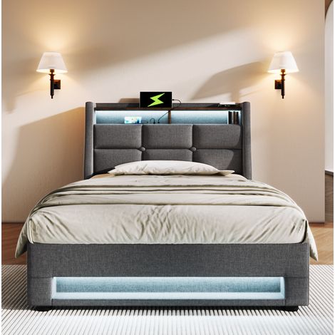 Cama tapizada de lino gris 90x200 cm con LED, USB, almacenaje y somier de láminas (1/5)