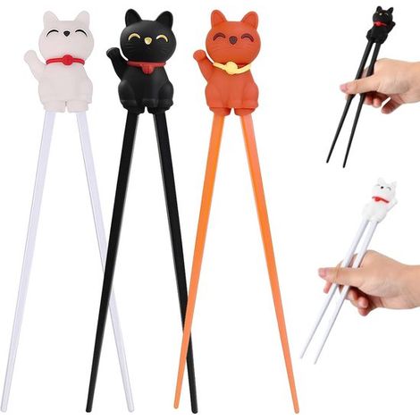 Baguettes pour enfants 3 paires – Baguettes d’apprentissage antidérapantes et réutilisables – 22 cm – Lavables au lave-vaisselle – Pour tout-petits et débutants – Motif chat (1/5)