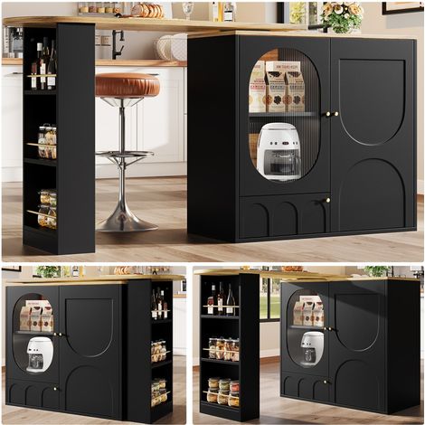 Table Haute et Meuble Bar Pivotant 360°- Table de Cuisine avec Espace Rangement- 3 Portes avec Étageres- Blanc/Noir 138x39x102cm (1/5)