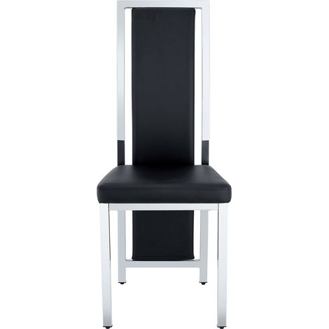 Ensemble table ronde 88 cm en verre trempé avec 4 chaises minimalistes en PU noir et métal argenté (1/5)