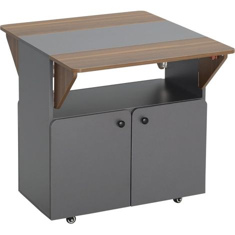 Table pliante sur roulettes avec rangement intégré, deux plateaux repliables. Couleur gris clair et marron foncé, dimensions 70 x 83 x 75 cm (1/4)