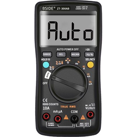 Multímetro digital True RMS de 6000 cuentas que mide voltaje CA/CC, corriente, resistencia, capacitancia y frecuencia.