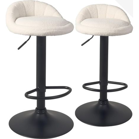 Ensemble de 2 tabourets de bar rembourrés en similicuir avec petit dossier, hauteur réglable et base pivotante à 360° chromée (blanc) (1/5)