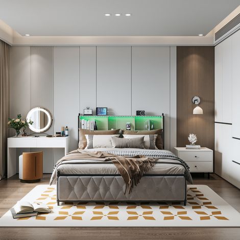 Lit Double pour Adultes, Lit coffre capitonné140x200, Lit rembourré 2 Personnes, tête de lit coffre en coton réglable, avec LED et USB, avec 4 tiroirs, velours, beige (1/5)