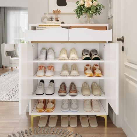Meuble à chaussures moderne blanc avec éclairage LED – Meuble d'entrée compact avec tiroirs et étagères – Rangement, design et éclairage pour couloirs, salons et entrées (1/5)