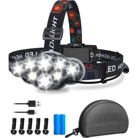 Lampe Frontale Rechargeable, Lampe Frontale Led Ultra Puissante IPX4 Étanche, Super Léger, 230°Angle Large Frontale Rechargeable pour Camping, Running, Urgence (Blanc) (1/5)