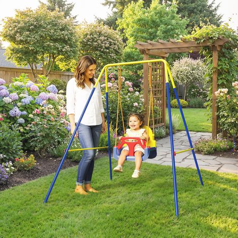 Altalena pieghevole per bambini con 2 ganci e 4 picchetti, robusta fino a 50 kg, a forma di A, 128x155x157 cm, blu