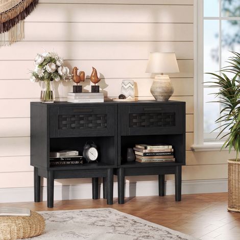 2er-Set Nachttische 40 x 30 x 55 cm mit Schublade in Rattanoptik und offenem Fach, modern, MDF/PVC, Schwarz