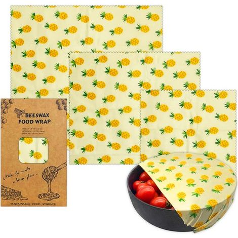 Set di 3 involucri in cera d'api con stampa ananas, disponibili in tre misure: piccola, media e grande confezioni riutilizzabili e senza plastica per frutta, pane, ecc. (1/2)
