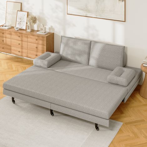 Ausziehbett 90x200 cm, Polsterbett mit Lattenrost, 2 Armlehnkissen, umbaubar zum Sofa, modernes Design, Grau (1/5)