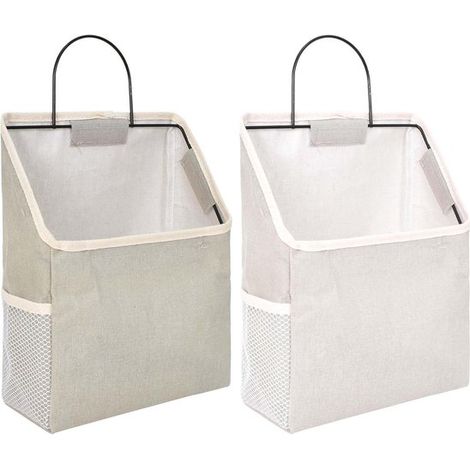 Juego de 2 bolsas de almacenamiento de pared, cesta de algodón y lino con ganchos, gris/blanco (1/5)
