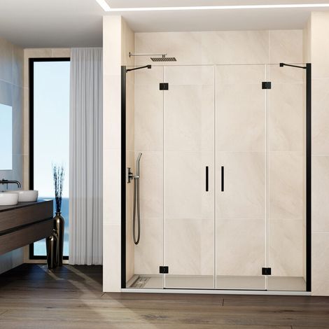 Mampara de ducha frontal GLASS fijo + 2 puertas abatibles + fijo 155 cm perfil Titanio brazo ajustable (30+50+50+30) (1/5)
