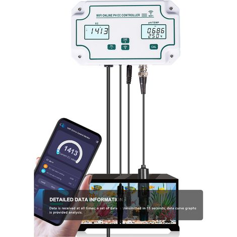 3-in-1 Wasserqualitätsmessgerät pH/EC/TEMP Professioneller drahtloser WLAN-Online-pH/EC-Controller mit Relaisstecker, wiederaufladbarer BNC-Sonde und Elektrode für Aquarien und Hydrokultursysteme. Mes