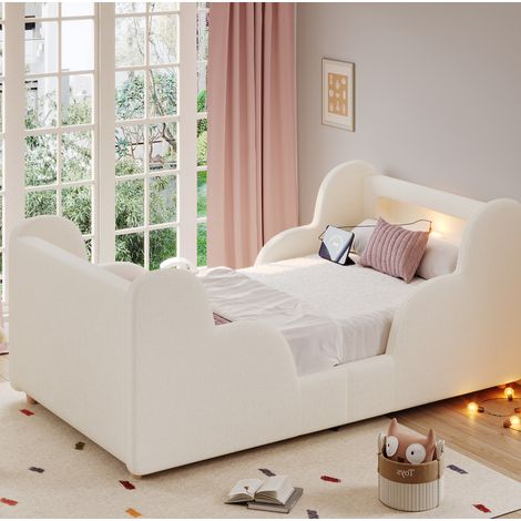 Cama infantil nube de bouclé beige 90x200 cm con barandillas acolchadas, luz nocturna, USB/Type-C y somier de láminas (1/5)