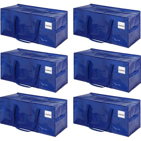 Lot de 6 sacs de rangement robustes - Avec fermeture éclair et poignée - 87 l - Grands cartons de déménagement imperméables et pliables - Pour linge de lit, couettes et vêtements - Bleu (1/5)