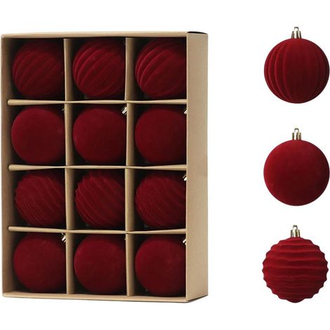 Boules De Noël - 12 Pièces - Diamètre 6 Cm - Revêtement Velours - Rouge - Pour Arbre De Noël (1/5)