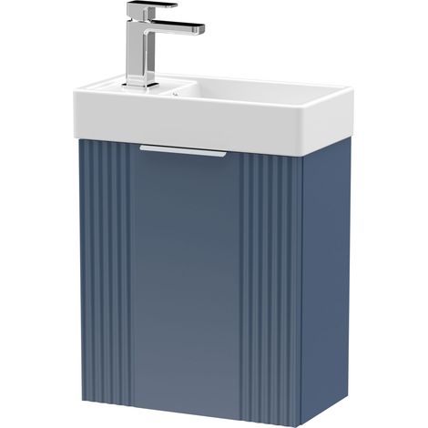 Nuie Deco Compact Satin Blue 400mm Wall Hung Single Door Vanity Unit with Basin - FLT390