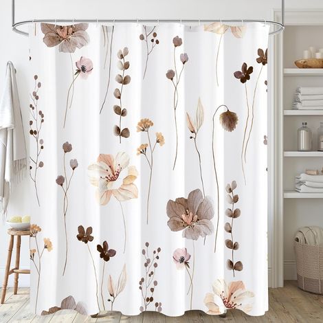 Rideau de douche fleuri aquarelle marron beige pour salle de bain, ensemble rideau de bain en tissu imperméable moderne minimaliste avec crochets 180x180 cm (1/5)