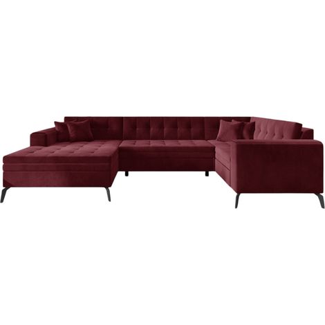 Canapé panoramique convertible BONTY velours matelassé-Rouge cerise-Méridienne A gauche (1/5)
