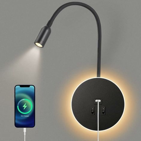 LED-Wandleuchte, Schwanenhalsleuchte, Nachttischlampe mit Schalter, USB-Ladeanschluss, Stimmungsbeleuchtung fürs Schlafzimmer, verstellbarer Spot (3 W 300 K + 8 W 6000 K), schwarz (1/5)