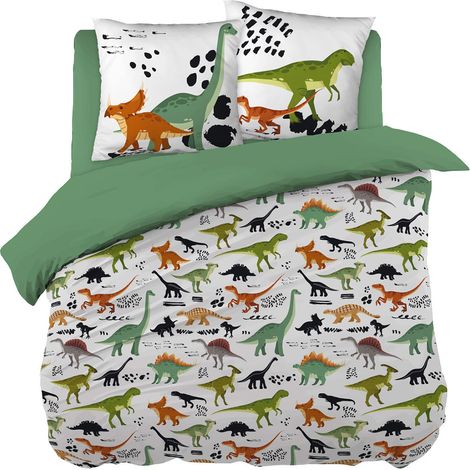 MEZO - Parure de Lit Coton Motif Dinosaures Housse de Couette 200x200cm + 2 Taies d'Oreiller