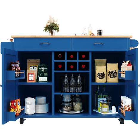 Îlot de cuisine moderne 102×45×92 cm, meuble de cuisine, buffet et desserte effet bois, table à manger multifonction avec espace de rangement, bleu (1/5)