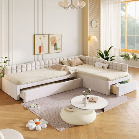 Polsterbett in L-Form 90/200 cm Beige mit Ausziehbett und Schubladen (1/5)