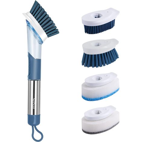 Distributeur de savon Brosse pour poêle avec manche en acier inoxydable avec 4 têtes de rechange, brosse de nettoyage pour la cuisine (1/2)