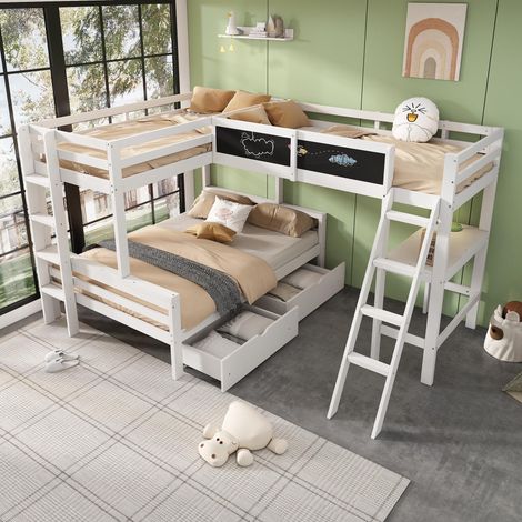 Lit mezzanine enfant, trois couchages, tiroirs de rangement, en pin, lit superposé, lit enfant avec bureau et étagère, 140 x 200 cm, 90 x 200 cm, blanc (1/5)