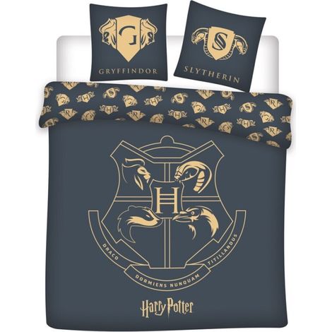 Parure de lit double réversible Harry Potter - Blason Hogwarts - Noir et Doré - 220 cm x 240 cm (1/2)
