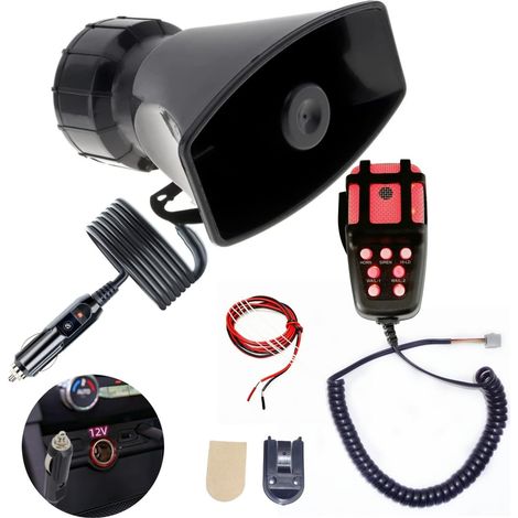 Trompette d'alarme Lumière bleue avec corne noire 7 tone Klaxon de voiture Allume - cigare voiture connecté 135db Car Horn Amplificateur avec microphone pa système Pour 12V Voitures bateau ect (1/5)