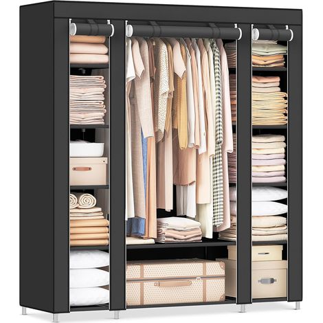 Stoffkleiderschrank mit Abdeckung, Kleiderschrank, 45 x 150 x 175 cm, 12 Fächer, Metallgestell, für Schlafzimmer, Ankleidezimmer, Schwarz (1/5)