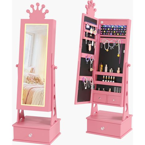 Armoire à bijoux enfant sur pied avec miroir pleine longueur inclinable - Éclairage LED tactile 3 couleurs - 3 tiroirs + crochets + rangements, style princesse couronne - Couleur : Rose (1/5)