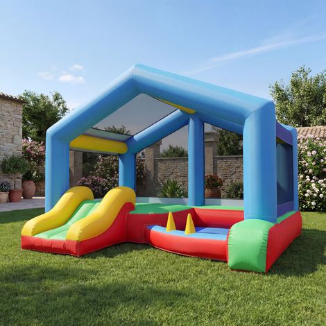 Château gonflable 4 en 1, aire de jeux avec souffleur, toboggan, piscine à balles, jeu de lancer d'anneaux, multicolore (1/5)