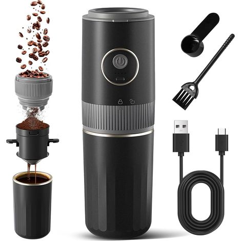 Moulin à café électrique portable sans fil à meules coniques, 3 en 1 broyeur conique 1500mAh, 9 mouture réglable, filtre en acier inoxydable et tasse isotherme pour les voyages, le camping (1/5)