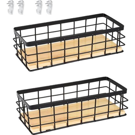 Cesta de alambre, cesta de metal, cestas decorativas negras, cesta de pared para el hogar, cesta de almacenamiento de metal para el baño, cesta de metal con base de madera extraíble para frutas y aper (1/5)