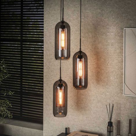 Suspension 3 lampes tubes 35x35x180 cm en verre soufflé noir
