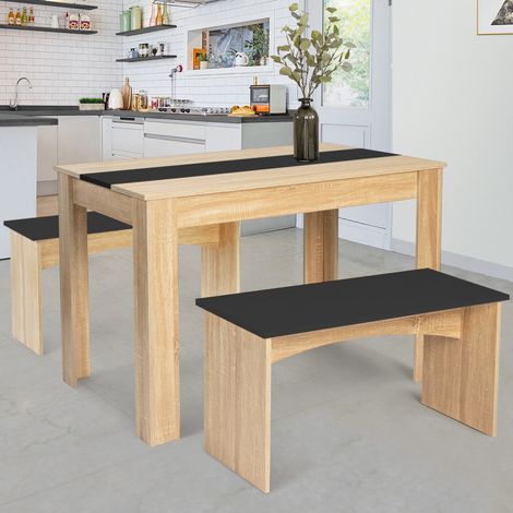Conjunto de mesa de comedor y 2 bancos ROZY para 4 personas haya y negro 110 cm (1/5)