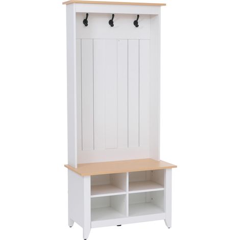 [NON UTILIZZATO] Panca guardaroba appendiabiti HHG-680, da ingresso con scarpiera, 4 ganci, legno melamina, 170x76x39 cm, bianco (1/5)