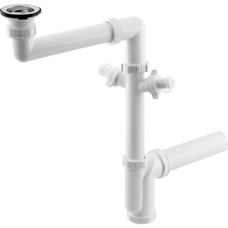 Siphon d'évier peu encombrant, 2 robinets d'électroménager, sortie inox avec bouchon, 6/4", DN40, blanc